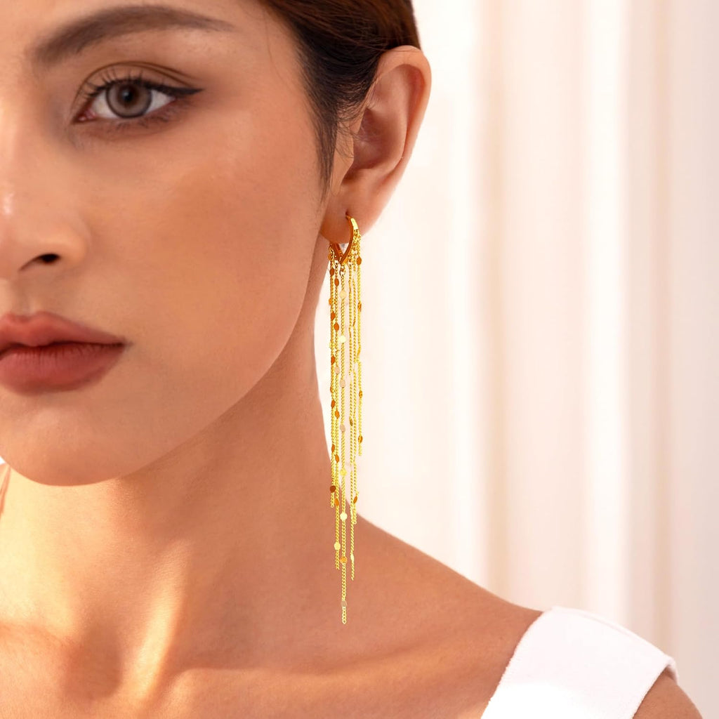 Robaice Gold Long Prom Earrings for Women, 14K Gold Plated Pearl Dangle Drop and Chain Tassel Threader Earrings Dangling，Rhinestone Zirconia Hypoallergenic Bride Party Prom Gold jewelry，Women Gifts