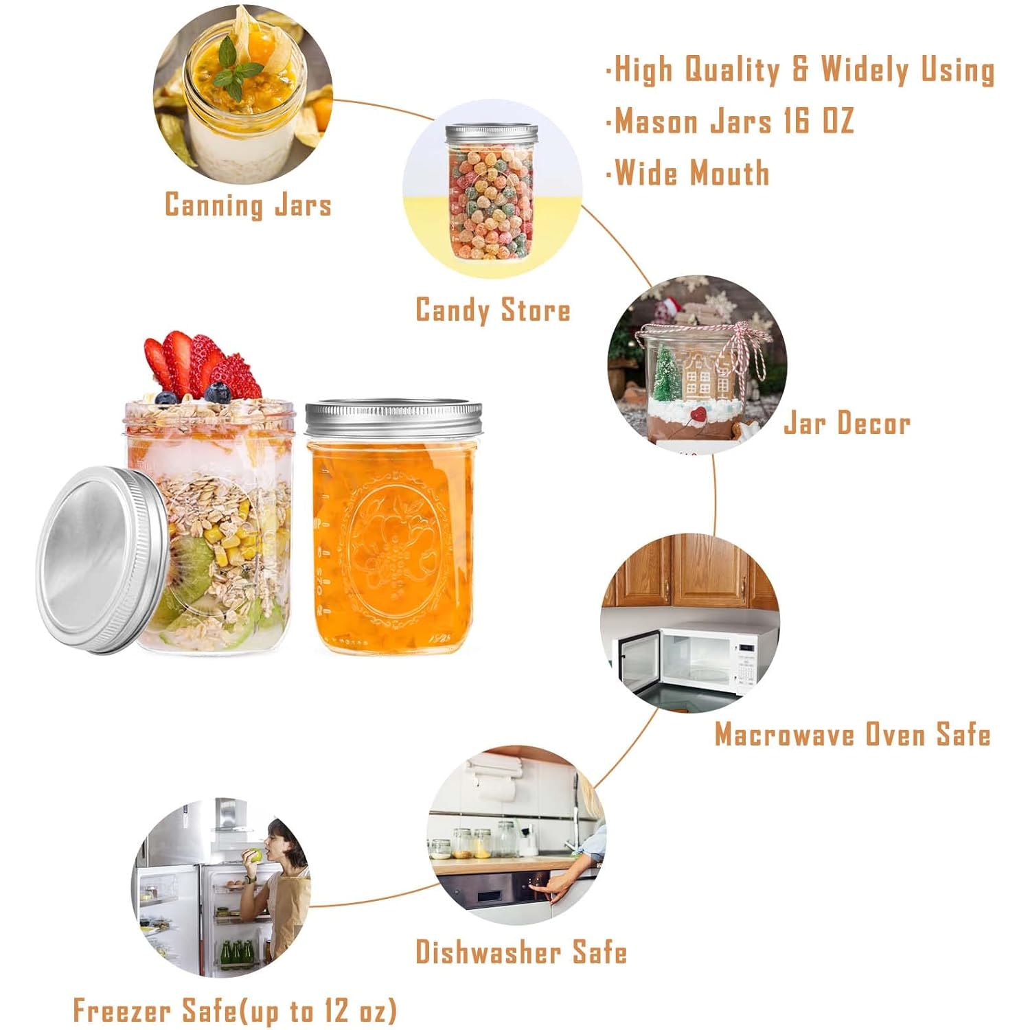 Miuyhji Wide Mouth Mason Jars 16 oz with Lids [6 Pack], Canning Jars with Metal Airtight Lids and Bands, 16 oz Glass Jars for Fermenting, Pickling, Freezing, Preserving, Meal Prep, Jar Décor