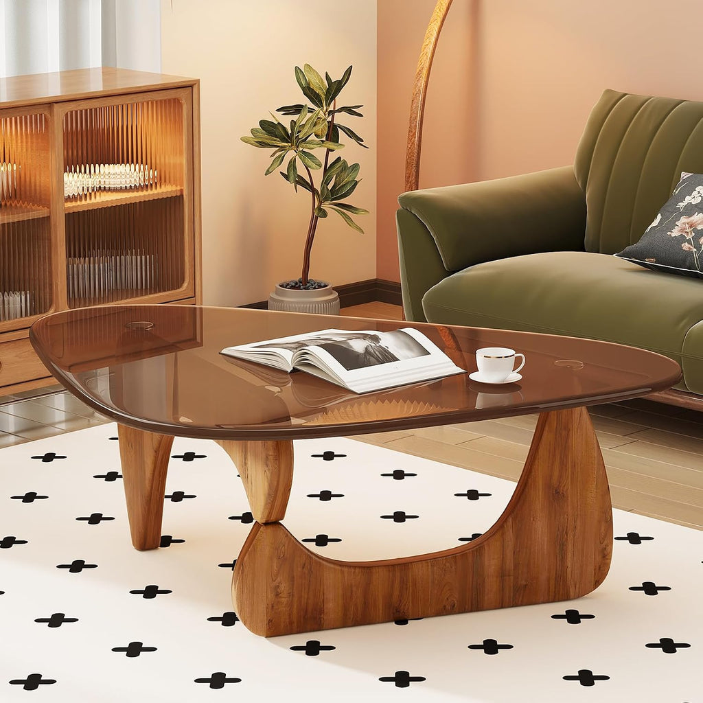 Coffee Table For Living Room Mid Century Modern Center Table With Glass Top And Wood, 32 Inch, Brown/Walnut