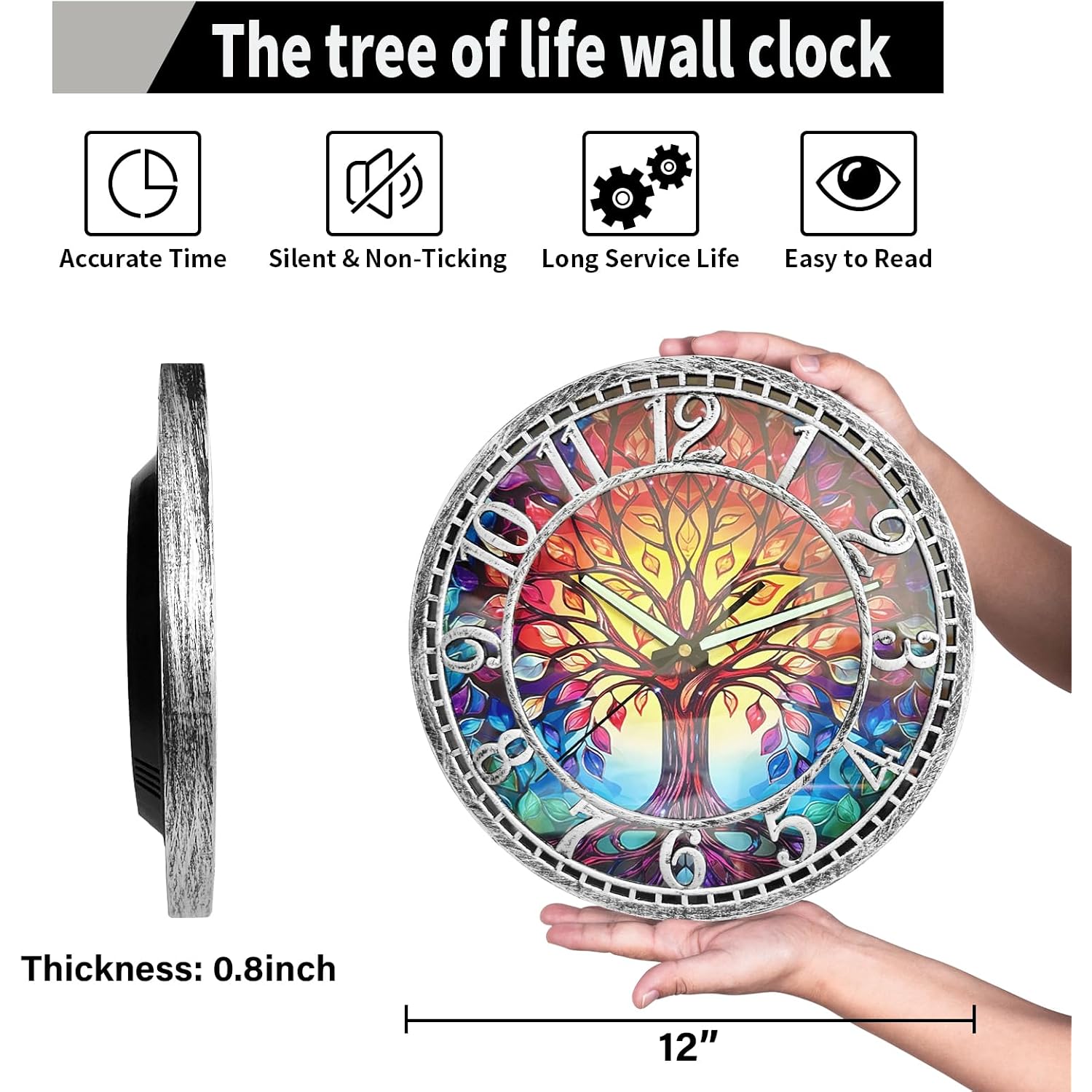 Wangiro 12" Round Tree Of Life Wall Clock Silent Non-Ticking Antique Silver | Plastic Frame,Precise Quartz Movement,Easy-Read Numerals,Easy To Hang,Ideal Gift For Living Room Bedroom Office Decor