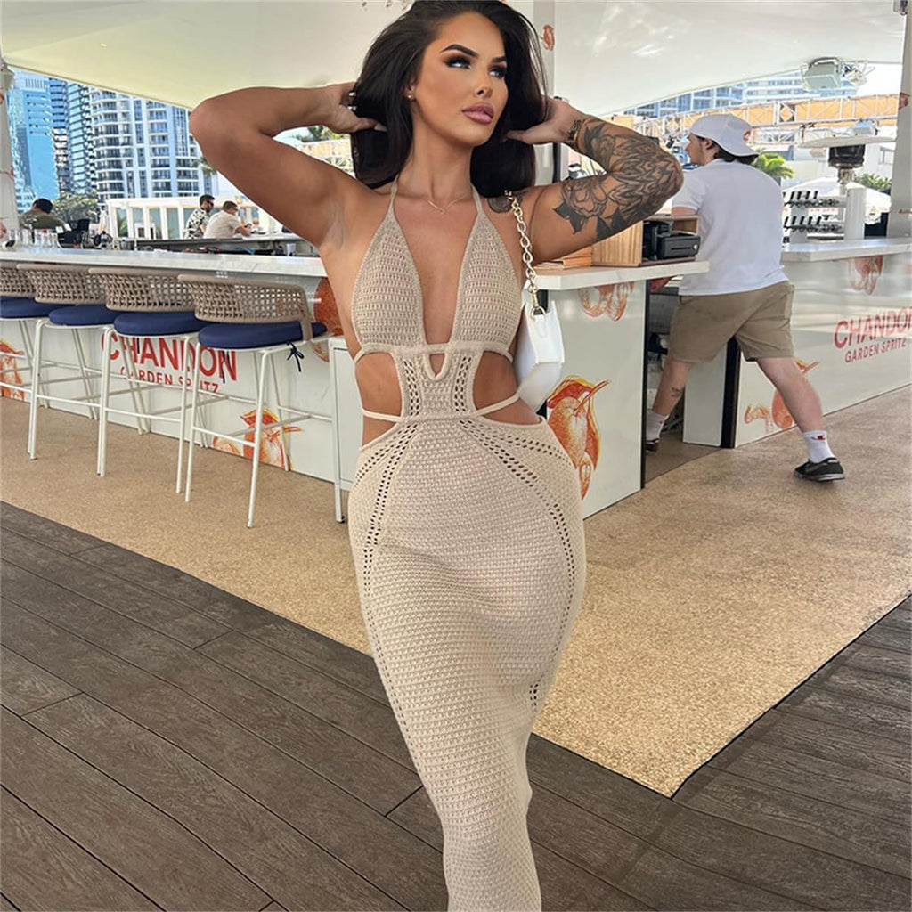 Women Sexy Crochet Maxi Dress Cut Out Halter V Neck Backless Knit Bodycon Long Dress Summer Beach Evening Party Dresses