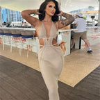 Women Sexy Crochet Maxi Dress Cut Out Halter V Neck Backless Knit Bodycon Long Dress Summer Beach Evening Party Dresses