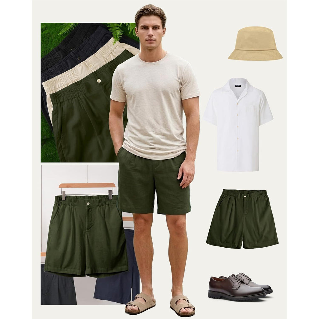 Kallspin Men'S Linen Blend Flat Front Shorts 9" Lightweight Casual Shorts With Elastic Waist And Side Pockets