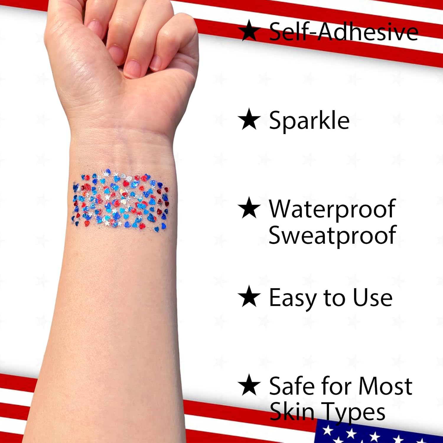 Mysense Red White and Blue Face Hair Body Glitter Stick with Heart & Star Sequins,4th of July Outfits for Women Kids,Patriotic USA Accessories for Independence Day Memorial Day 250 Anniversary