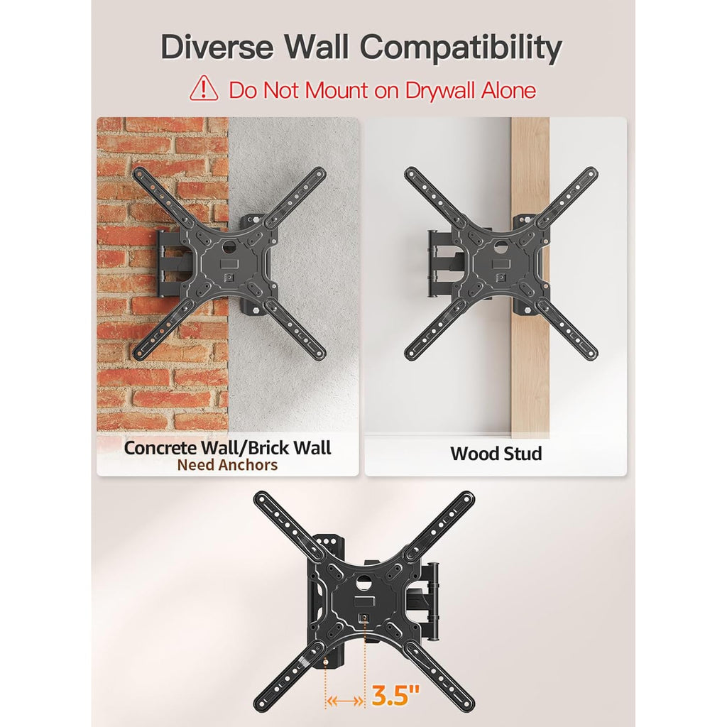 ELIVED TV Wall Mount for Most 26-60 Inch TVs, Swivel and Tilt Full Motion TV Mount with Single Stud Perfect Center Design, Wall Mount Bracket Max VESA 400x400mm, Corner Mount Holds up to 77 lbs.