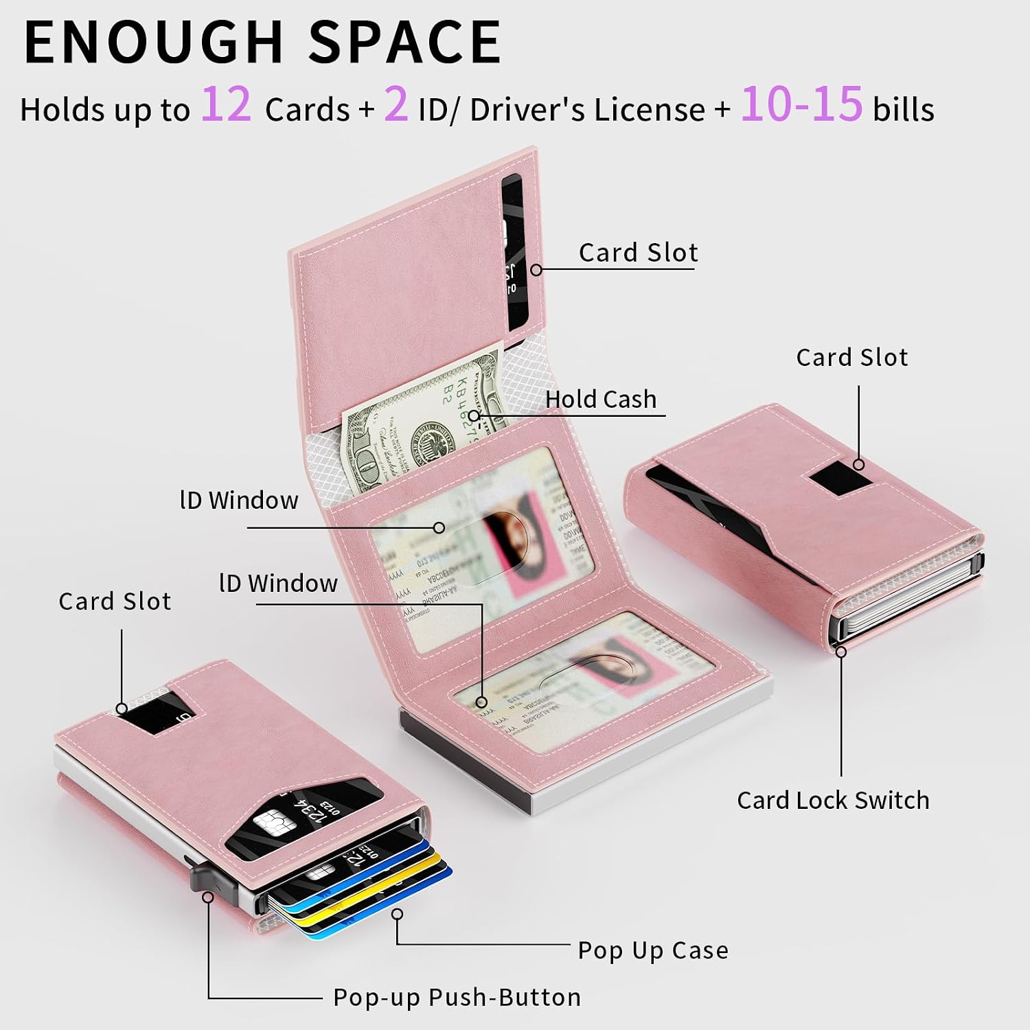 Rfid Wallet Women: Stylish Security Metal Wallet For 10-12 Cards & 2 Id Windows - Smart Pop-Up Credit Card Holder & Cash Slot In Compact Trifold Design,Gift For Her(Pink)