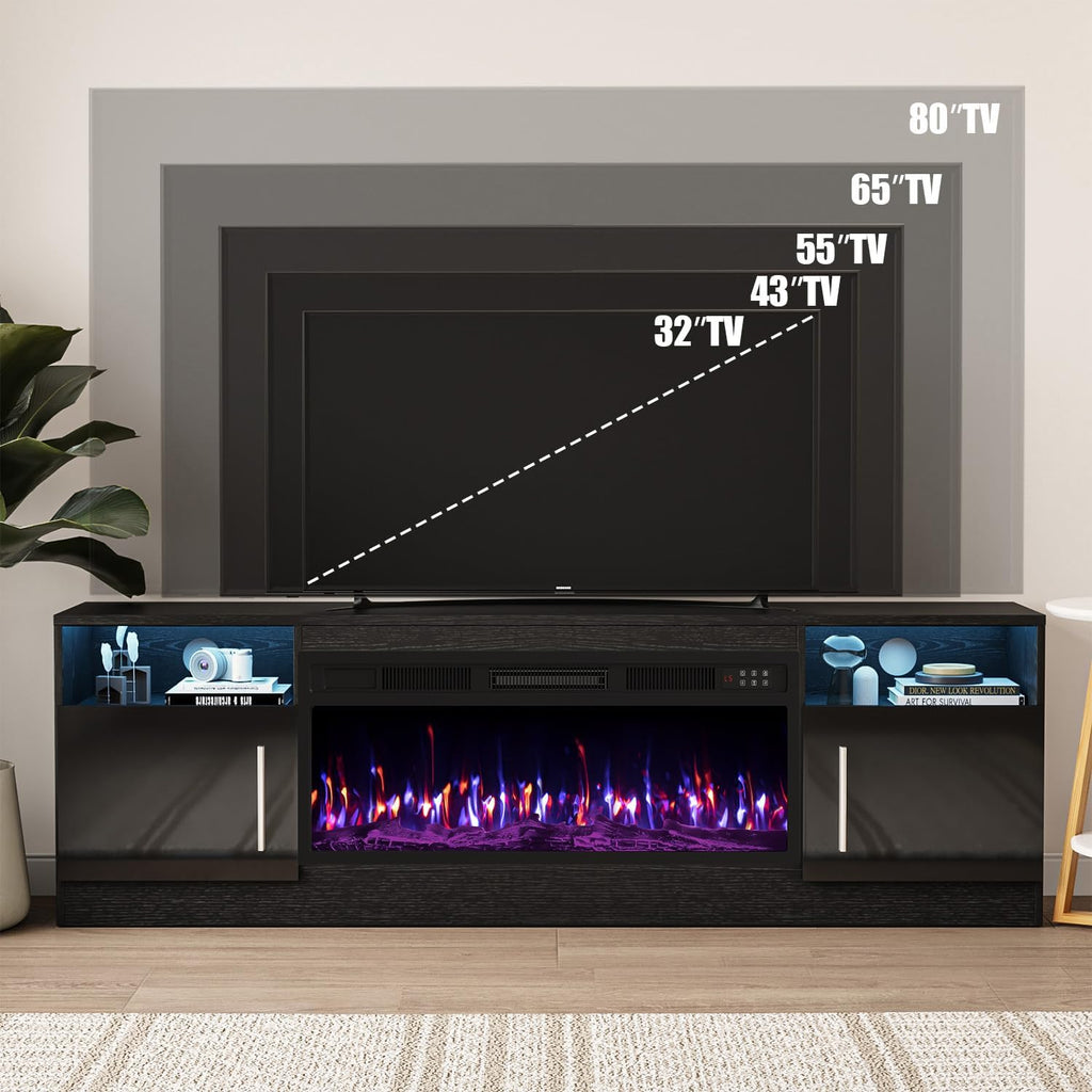 Vitesse Fireplace With Tv Stand 36" Inch Electric Fireplace Up To 80" Tvs, Led Light Entertainment Center, 70" Modern Wood High Gloss With Highlight Storage Cabinet For Living Room (Black)