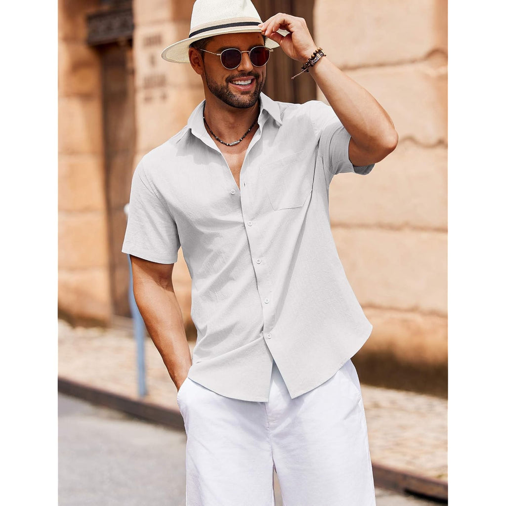 Coofandy Men'S Button Down Short Sleeve Shirt Casual Cotton Summer Beach Linen Wedding Shirts With Pocket