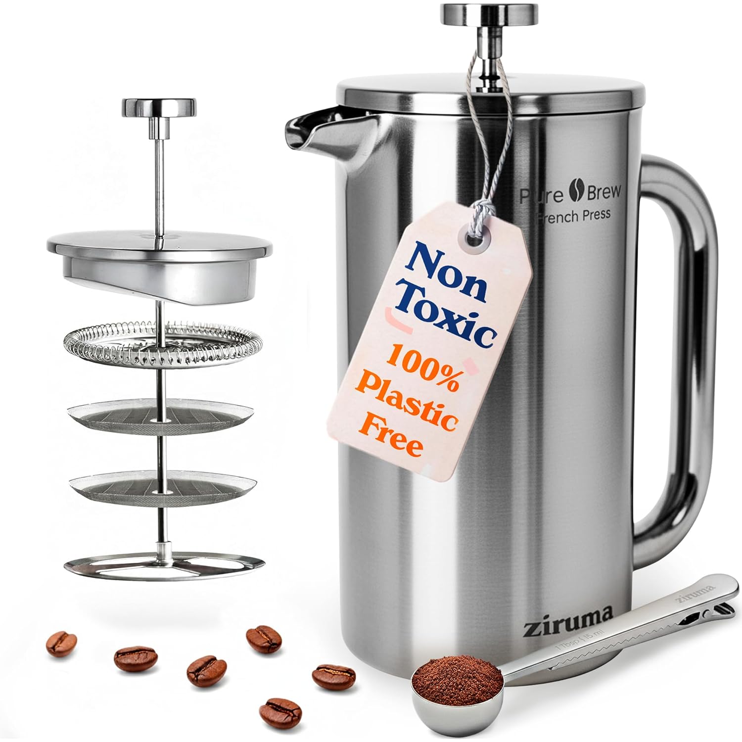Ziruma Non-Toxic French Press, Surgical Stainless Steel Coffee Press, Plastic-Free, Heavy Metal-Free, No Endocrine Disruptors, 34 Oz, Double Wall, 4-Layer Filter, Portable Coffee Maker
