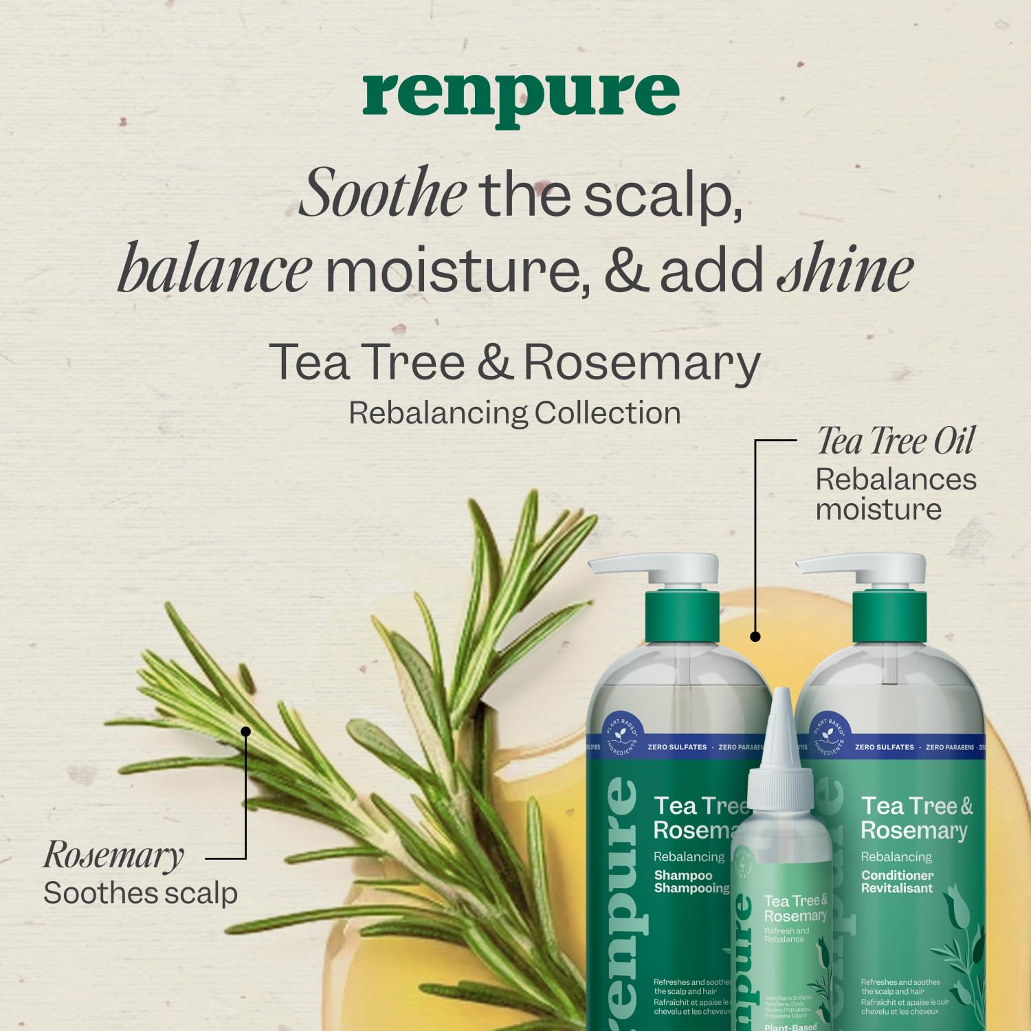 Renpure Tea Tree & Rosemary Shampoo And Conditioner Set, Plant Based - Refreshes & Rebalances Hair And Scalp - For Oily/Normal Hair - Tea Tree Leaf Oil, Rosemary Leaf Extract - 24 Fl Oz Each, 2 Pack