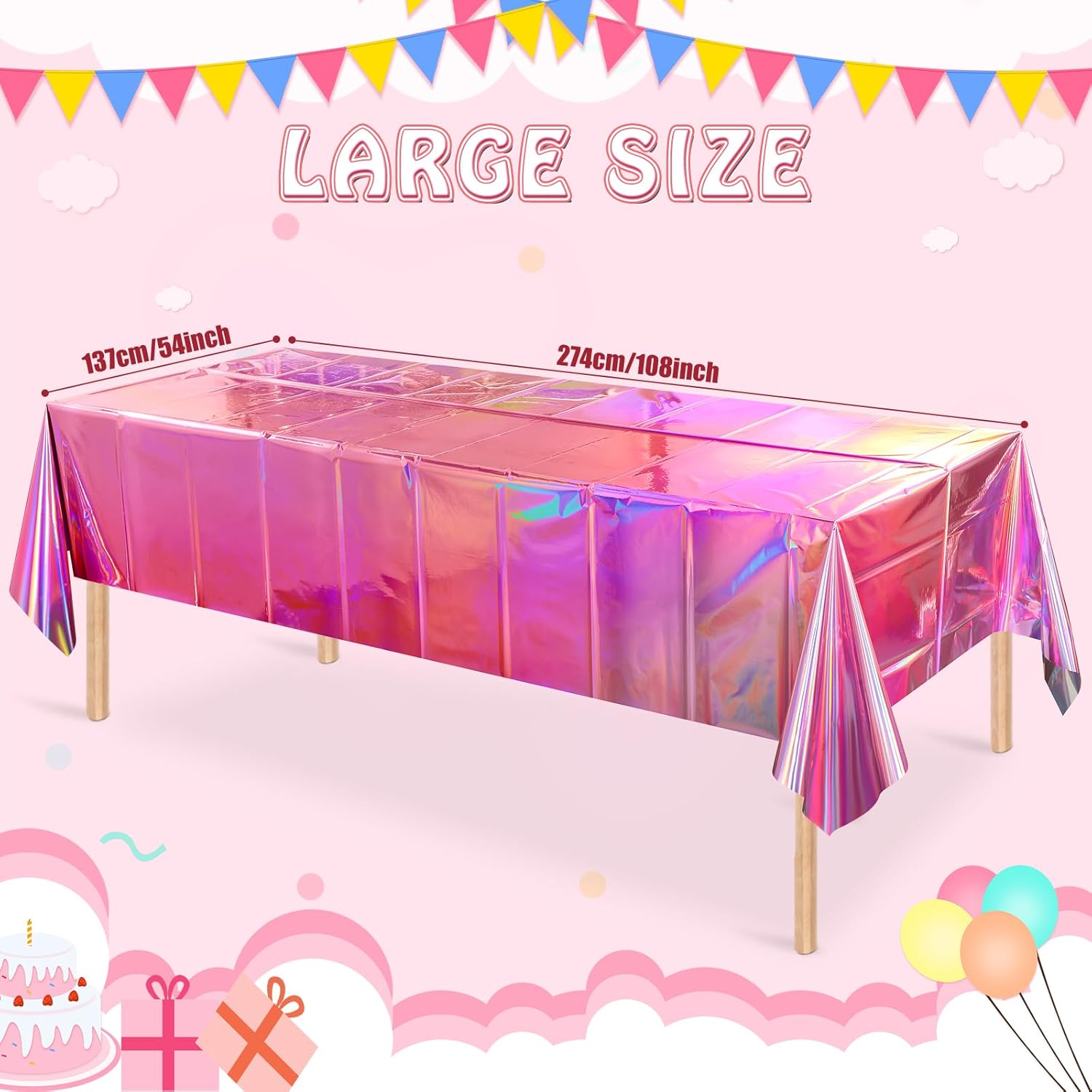 4 Pack Iridescent Pink Plastic Tablecloths, FunnyPars Shiny Disposable Laser Rectangle Table Covers, Holographic Foil Tablecloth Iridescent Party Decorations for Kpop Birthday Wedding Xmas, 54x108Inch