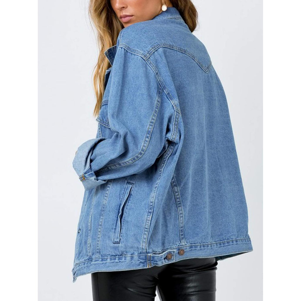 Women'S Oversized Vintage Denim Jacket Long Sleeve Boyfriend Coat