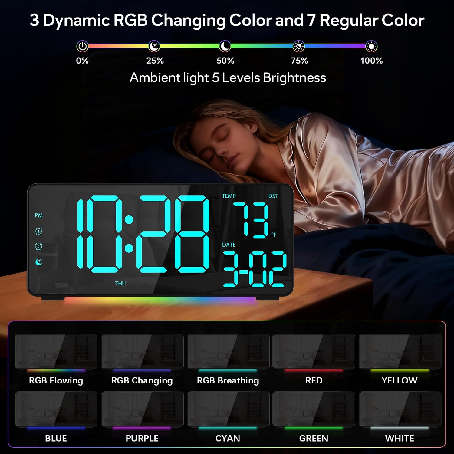 Digital Alarm Clocks For Bedrooms, Rgb Desk Clock With 15 Color Display, Date Temperature And Weekday, Dst, Snooze, 2 Alarms, Ambient Lighting For Living Room, Bedside Office Gaming Desk Decor