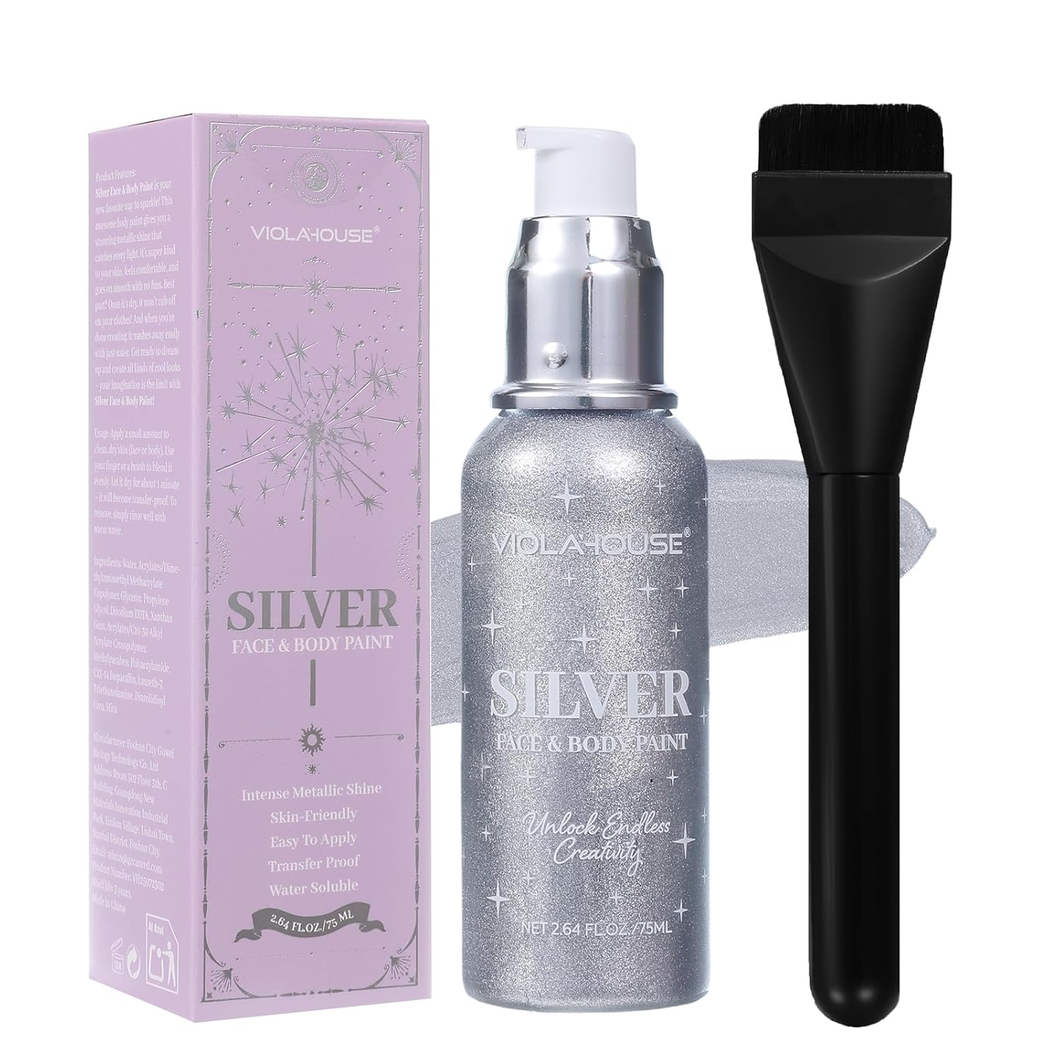 viola house Silver Face Body Paint, Washable, Long-Lasting Highly Pigmented, Water Based Full Body Paint, for Halloween Carnival Stage SFX Special Effects Cosplay Makeup 2.64Fl.Oz/75 Ml (Silver)