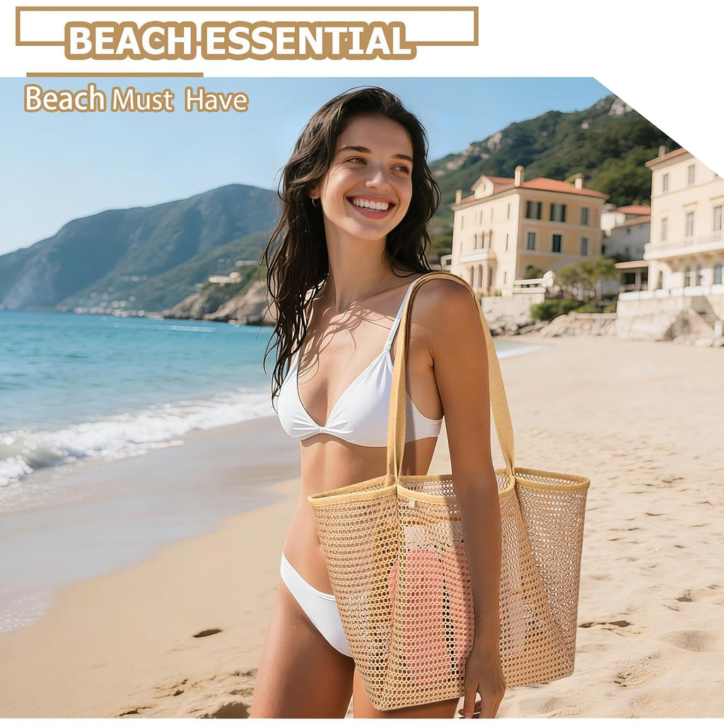 Iioscre Beach Bag For Women, Causal Hobo Bag With Zipper Inner Pocket, Foldable Mesh Dive Duffle Bag For Vacation Essentials