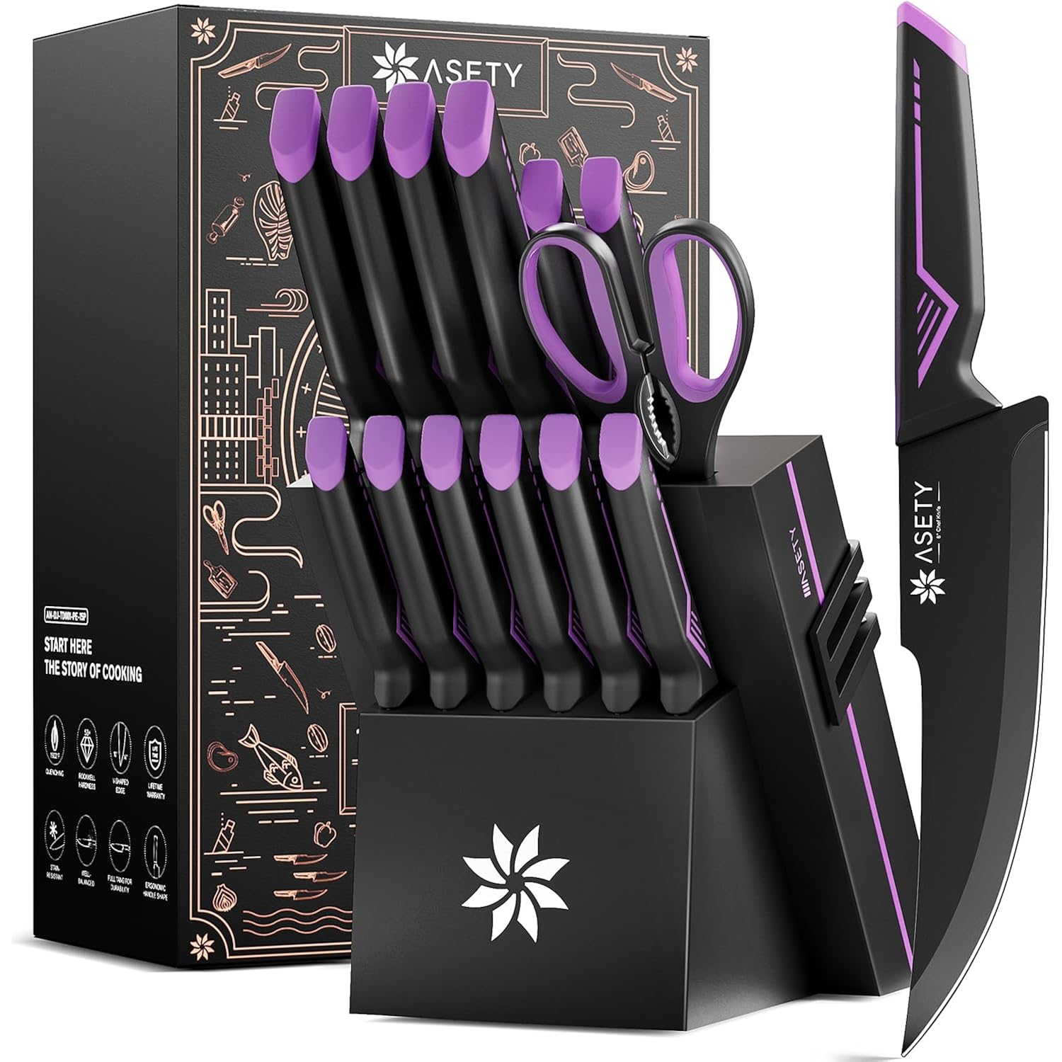 Knife Set - 15 PCS Kitchen Knife Set with Built-in Knife Sharpener Block - Stainless Steel Knife Block Set - Dishwasher Safe, Elegant Box for Men Women, Fathers day