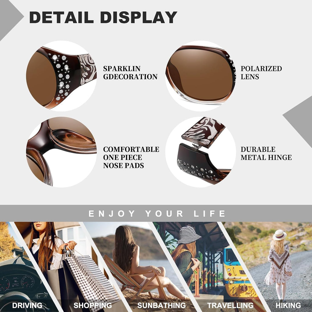 Polarized Sunglasses for Women, Rhinestone Wrap Around Sunglasses with UV400 Protection A04 Gradient Brown Frame Brown Lens