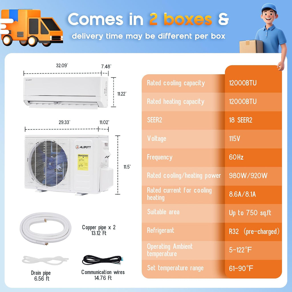 Albott 12,000 Btu Mini Split Air Conditioner And Heater Seer2 18, 115V | Inverter Energy-Efficient Ac With Self-Cleaning, Remote And App Control, Easy Installation, Cools Up To 750 Sq.Ft.