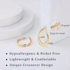 Gacimy 14K Gold Plated Criss Cross Hoop Earrings for Women, 3mm Wide Double Layer Flat Crossover Hoops, Lightweight X-Shape Statement Earrings