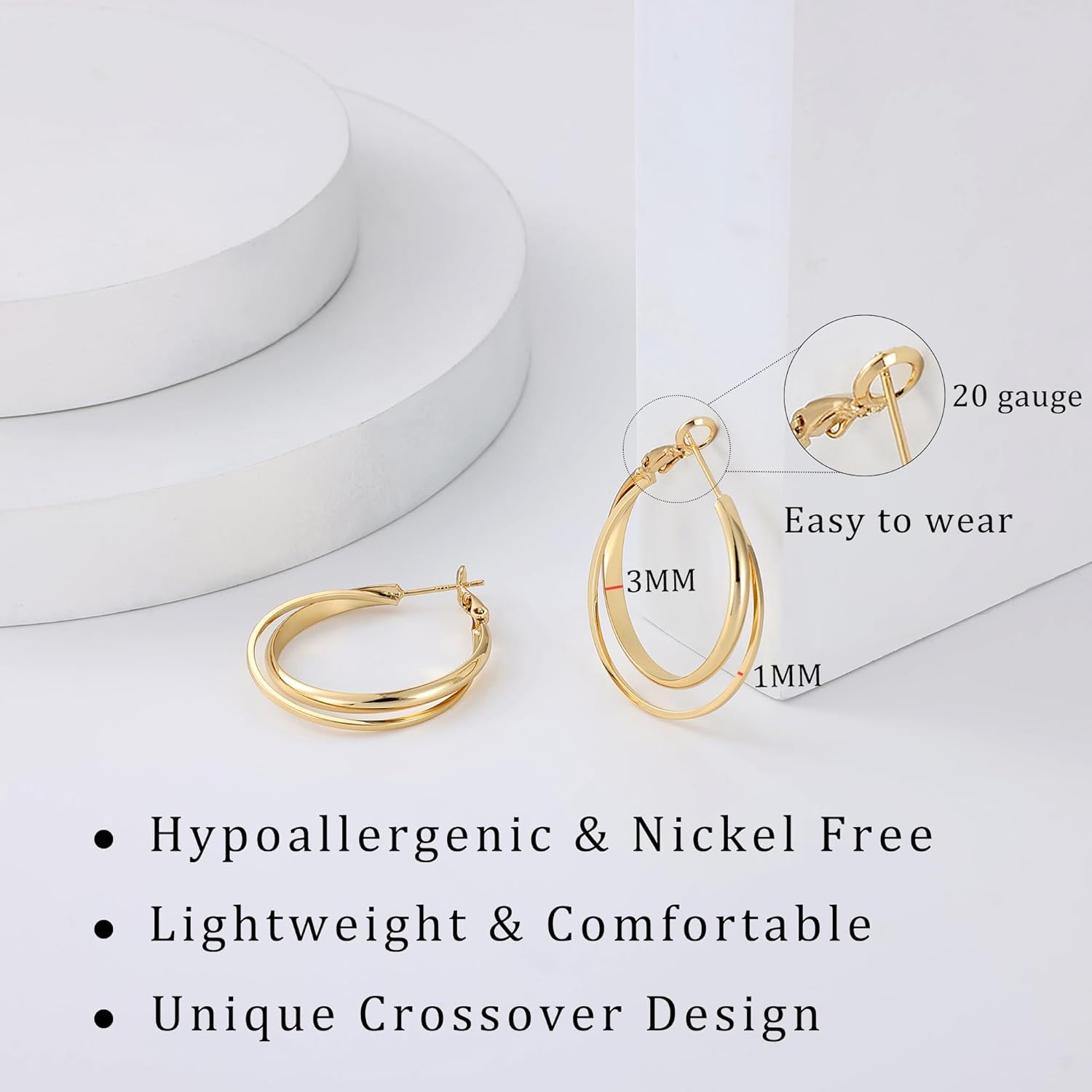 Gacimy 14K Gold Plated Criss Cross Hoop Earrings for Women, 3mm Wide Double Layer Flat Crossover Hoops, Lightweight X-Shape Statement Earrings