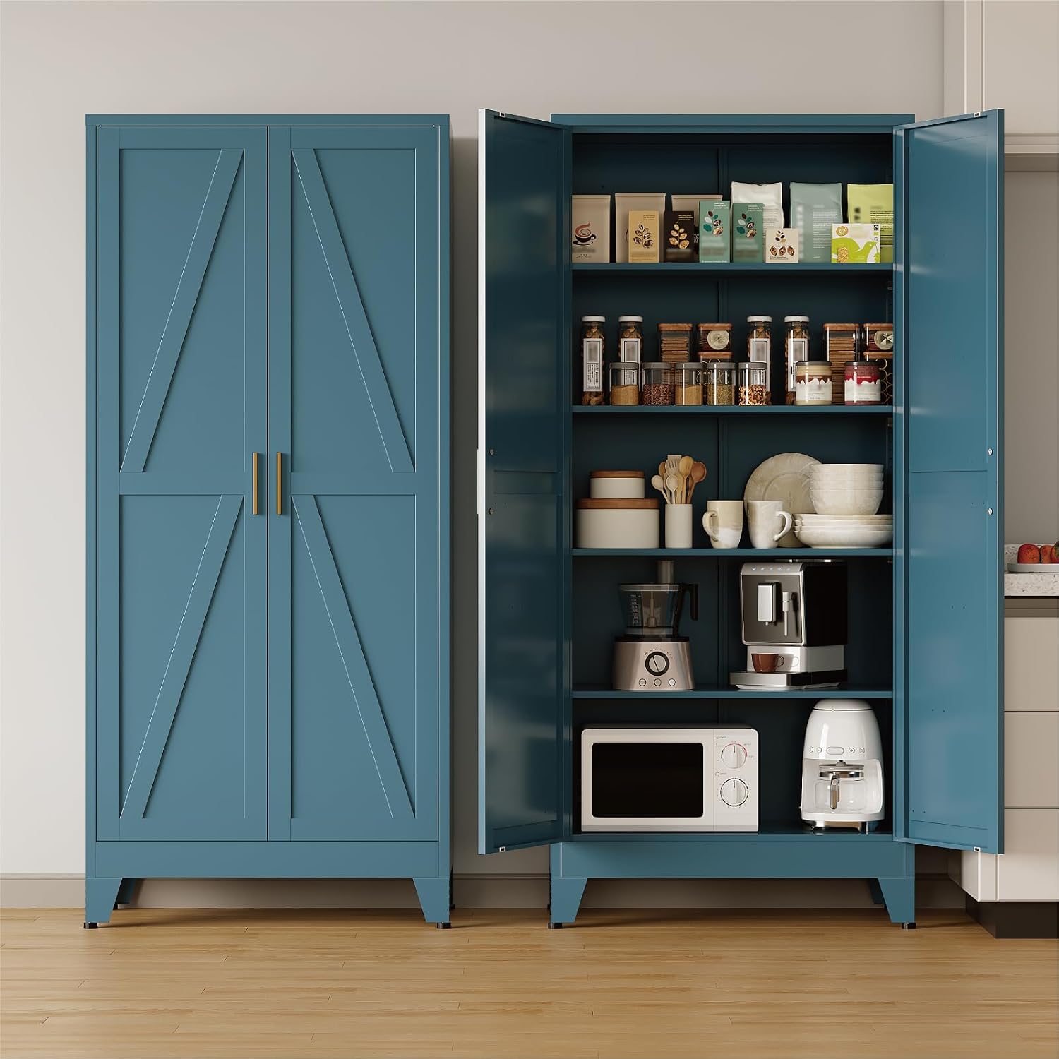 Cofar 71'' Tall Metal Storage Cabinet, Farmhouse Kitchen Pantry Cabinet With Doors And 4 Adjustable Shelves, Metal Pantry Storage Cabinets For Kitchen, Laundry, Peacock Blue 5-Tier