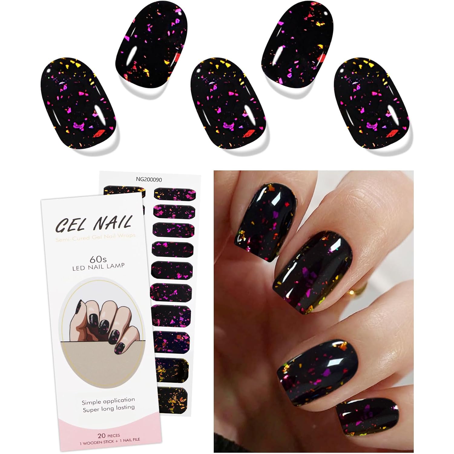 JMEOWIO Gel Nail Stickers Purple Red Black Semi Cured Gel Nail Strips Wraps UV/LED Nails Art Design Decoration Accessories