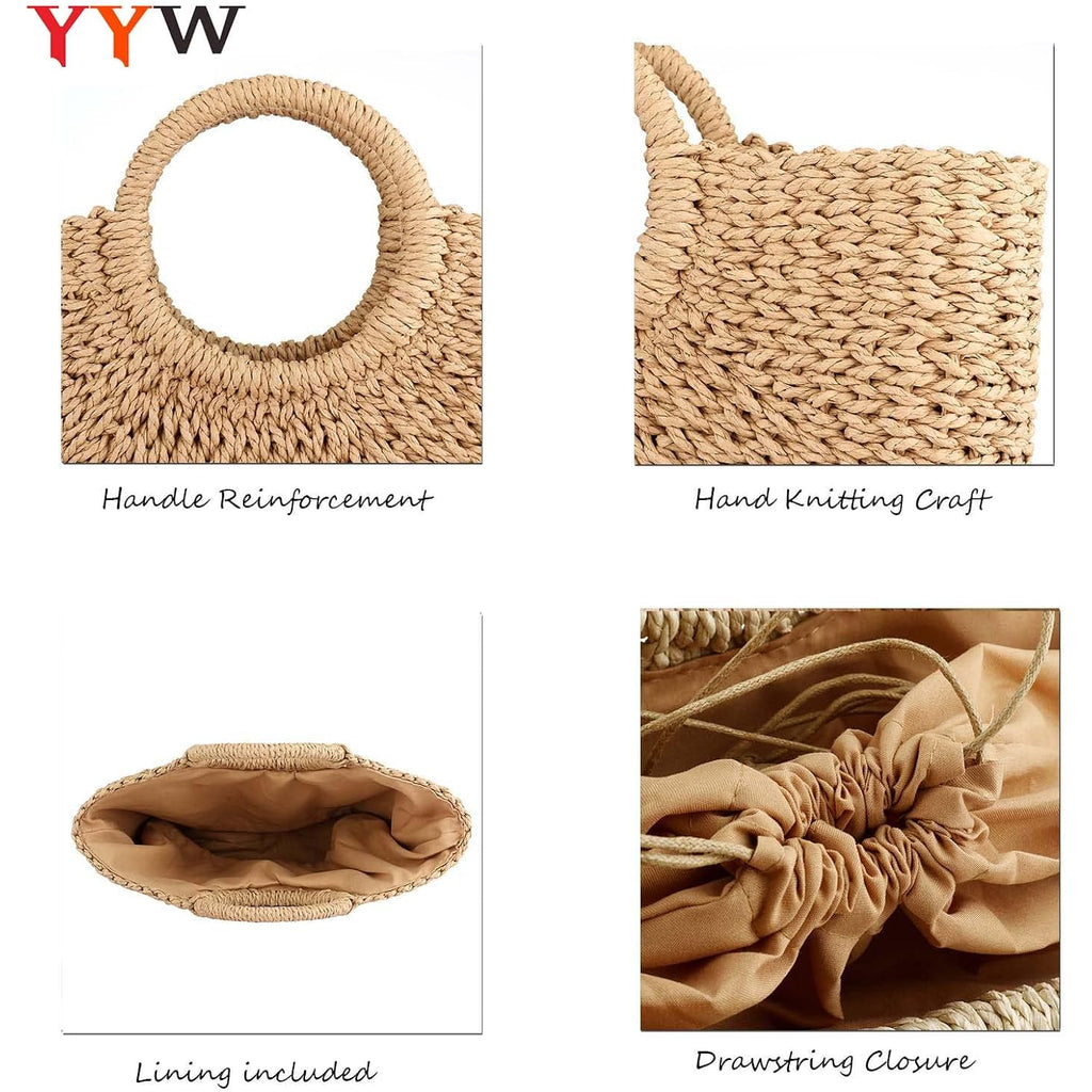 Yyw Straw Bags For Women,Hand-Woven Straw Large Bag Round Handle Ring Tote Retro Summer Beach Rattan Bag