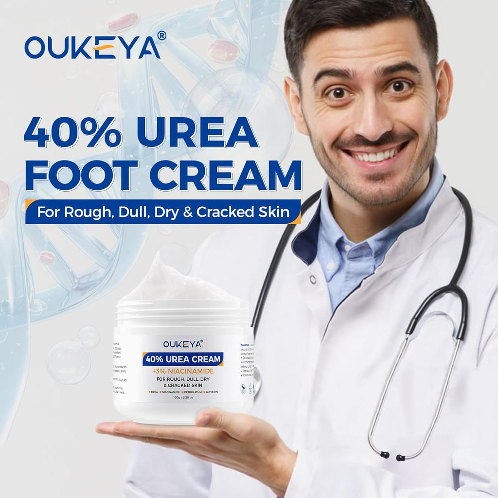 OUKEYA Urea Cream 40 Percent with 3% Niacinamide, Intensive Moisturizer for Extremely Dry Chapped, Rough Skin on Hands, Feet, Elbows & Knees,Deep Hydration & Evens Skin Tone, 5.29oz