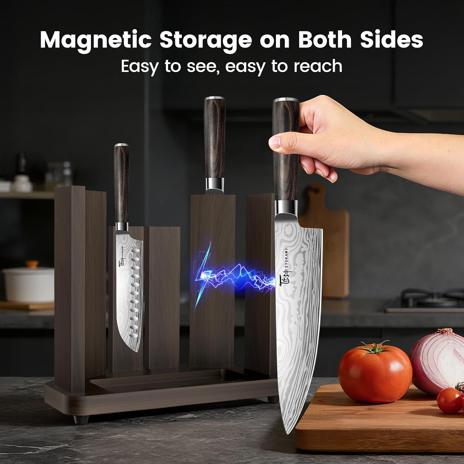 15-Piece Kitchen Knife Set With Magnetic Block, New For 2026, Detachable Steak Knife Block For Table Service, Built-In Sharpener, Wood Handle, Damascus Pattern, Housewarming Gifts