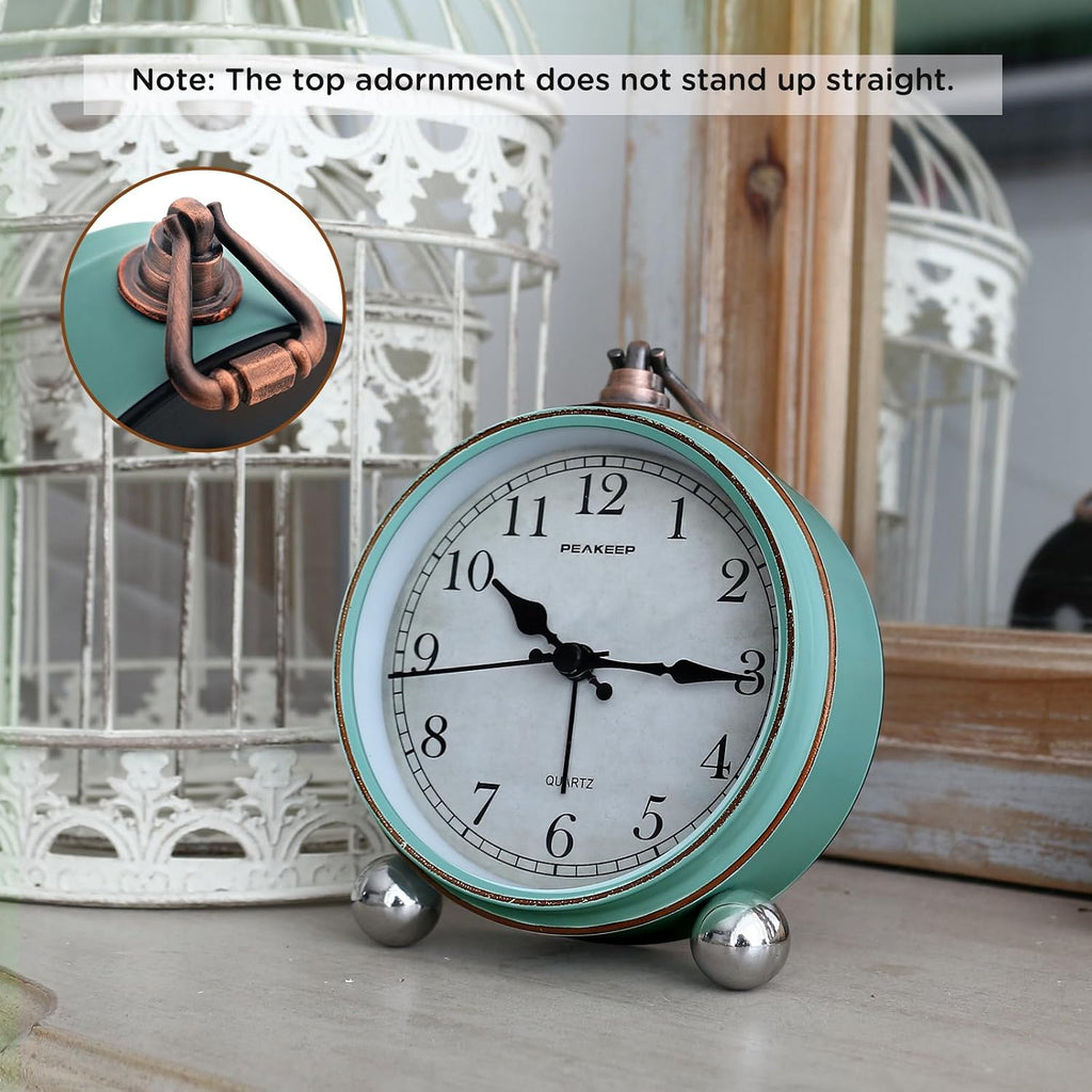 Peakeep 4" Small Battery Operated Antique Retro Analog Alarm Clock | With Contour Lines In Gold For Room Decor, Silent Elegant Bedside Desk Table Gift Clock