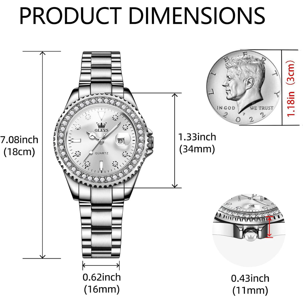 Olevs Quartz Watch Women Silver Stainless Steel Waterproof Luminous