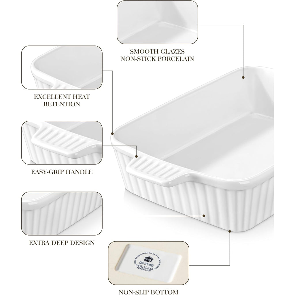 MALACASA 4.4 QT Baking Dish, 9x13 Large Casserole Dish for Oven, Ceramic Baking Pan, Rectangular Lasagna Pan Deep with Handles for Baking, Durable Microwave Oven Safe, Wedding Gift,White, Series BAKE-BAKE