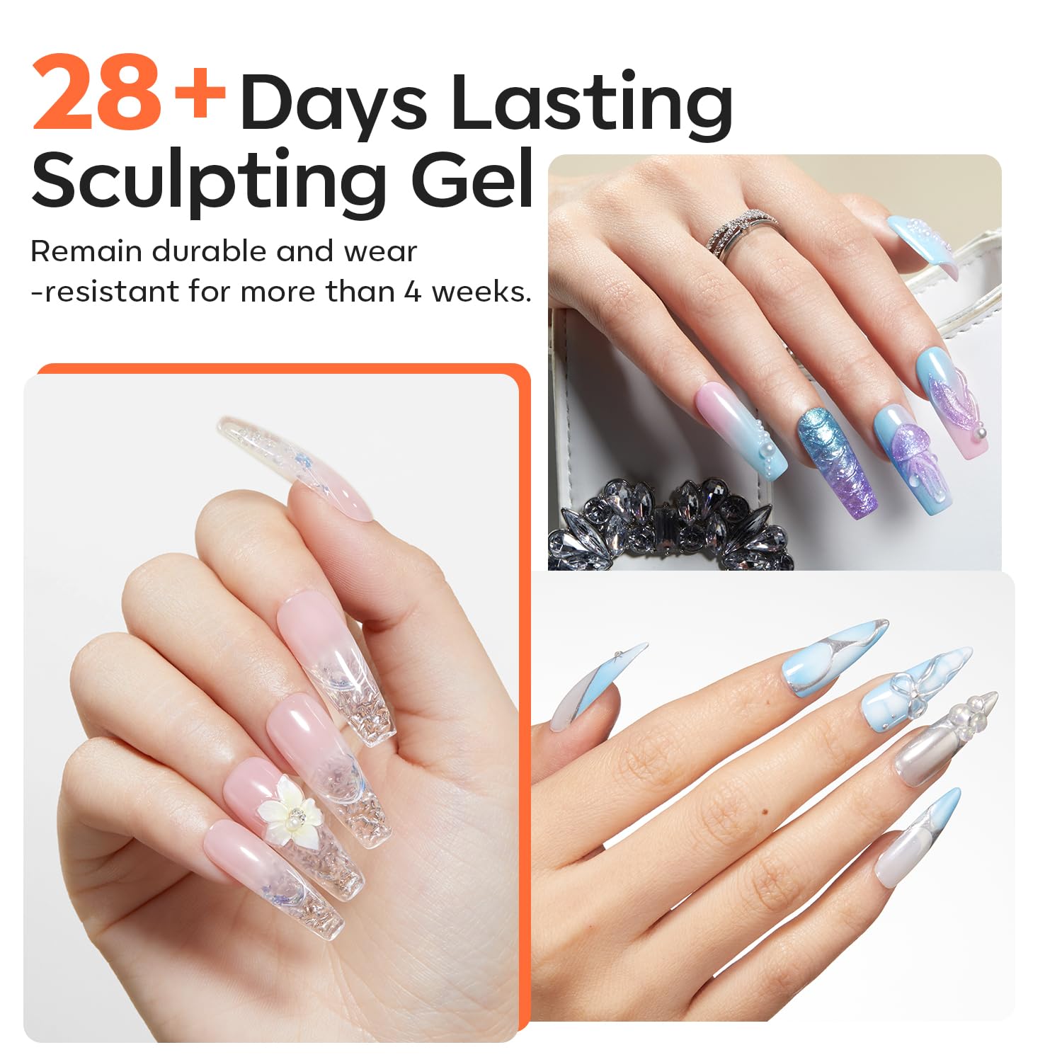 modelones 3D Gel Nail Art Kit, Non-Sticky Solid Builder Sculpting Gel for Nail Art Molding & Extensions with Chrome powder for Beginner DIY or Salon Spring Nails at Home Cured Needed