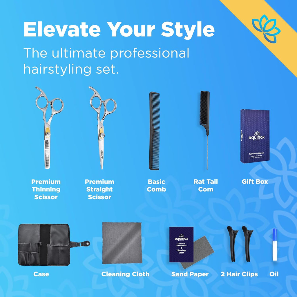 Equinox Professional Hair Scissors Set - Premium Essential Kit, Includes Hair Cutting Scissors, Thinning Shears, Straight Razor, Basic Comb, Cleaning Cloth, & Sandpaper - Hair Salon & Barber Supplies