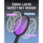 Mosiller Electric Fly Swatter Racket, 4000V Bug Zapper With 1800Mah & Dual Modes, 2 In 1 Rechargeable Purple Mosquito Light Killer With 3-Layer Safety Mesh For Indoor Home Patio Camping Office(1 Pack)