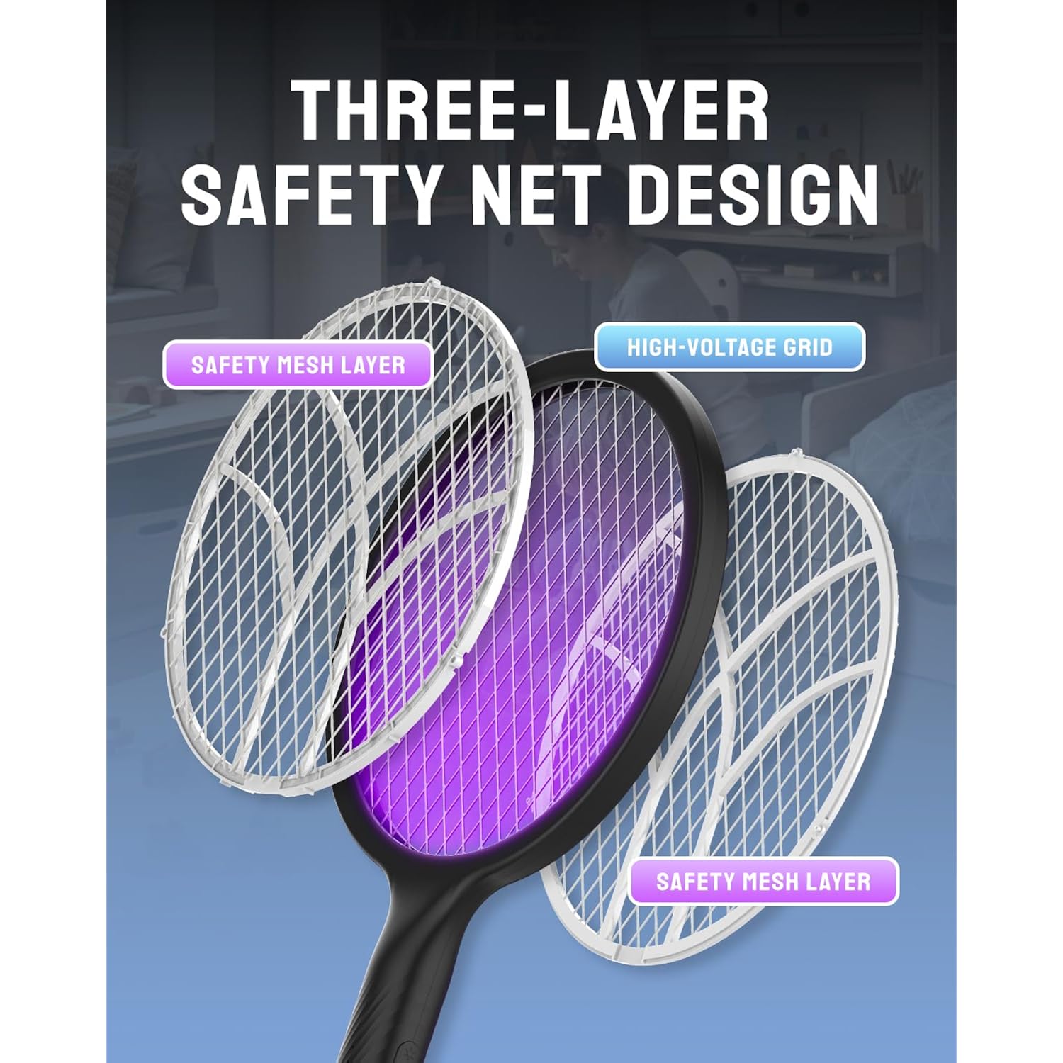 Mosiller Electric Fly Swatter Racket, 4000V Bug Zapper With 1800Mah & Dual Modes, 2 In 1 Rechargeable Purple Mosquito Light Killer With 3-Layer Safety Mesh For Indoor Home Patio Camping Office(1 Pack)