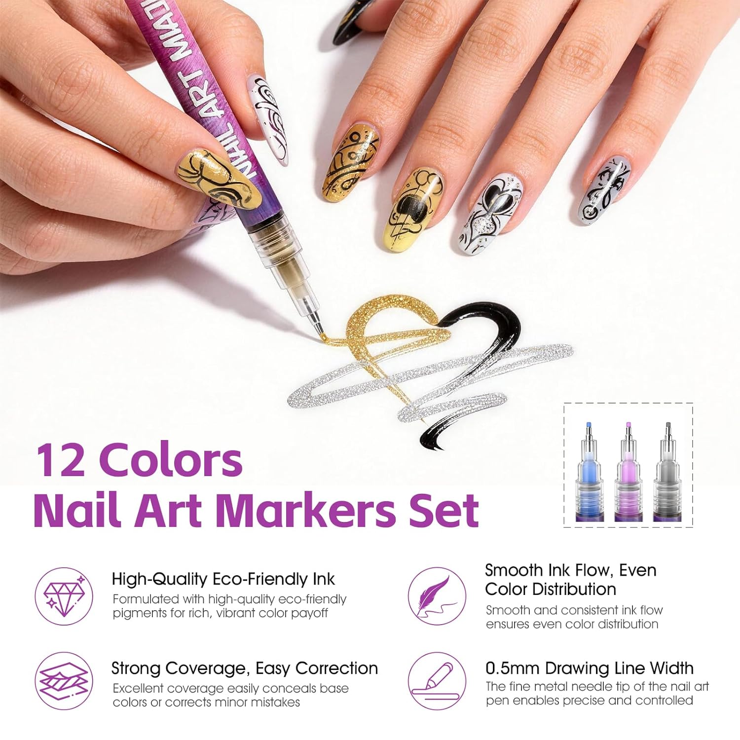 Nail Art Pens Set, 12 Vibrant Colors Nail Art Pens for Painting Nails, Quick Dry 0.5MM Fine Tip Nail Art Polish Markers, Acrylic Nail Pens for Nail Art Creation and Design, Party, DIY