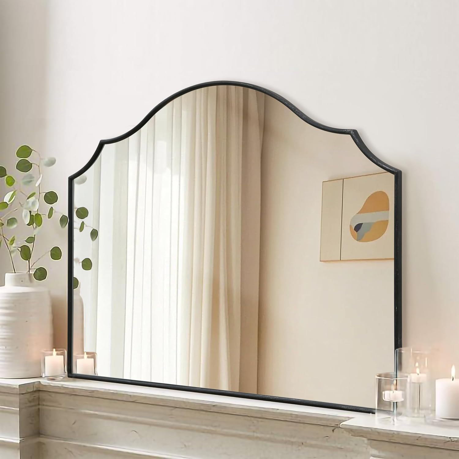 Scalloped Arched Mirror For Mantel: 35"X26" Black Modern Wooden Wall Mirror - Minimalist Decorative Dresser For Vanity/Bathroom/Bedroom/Fireplace/Living Room/Entryway - Stylish Home Decor