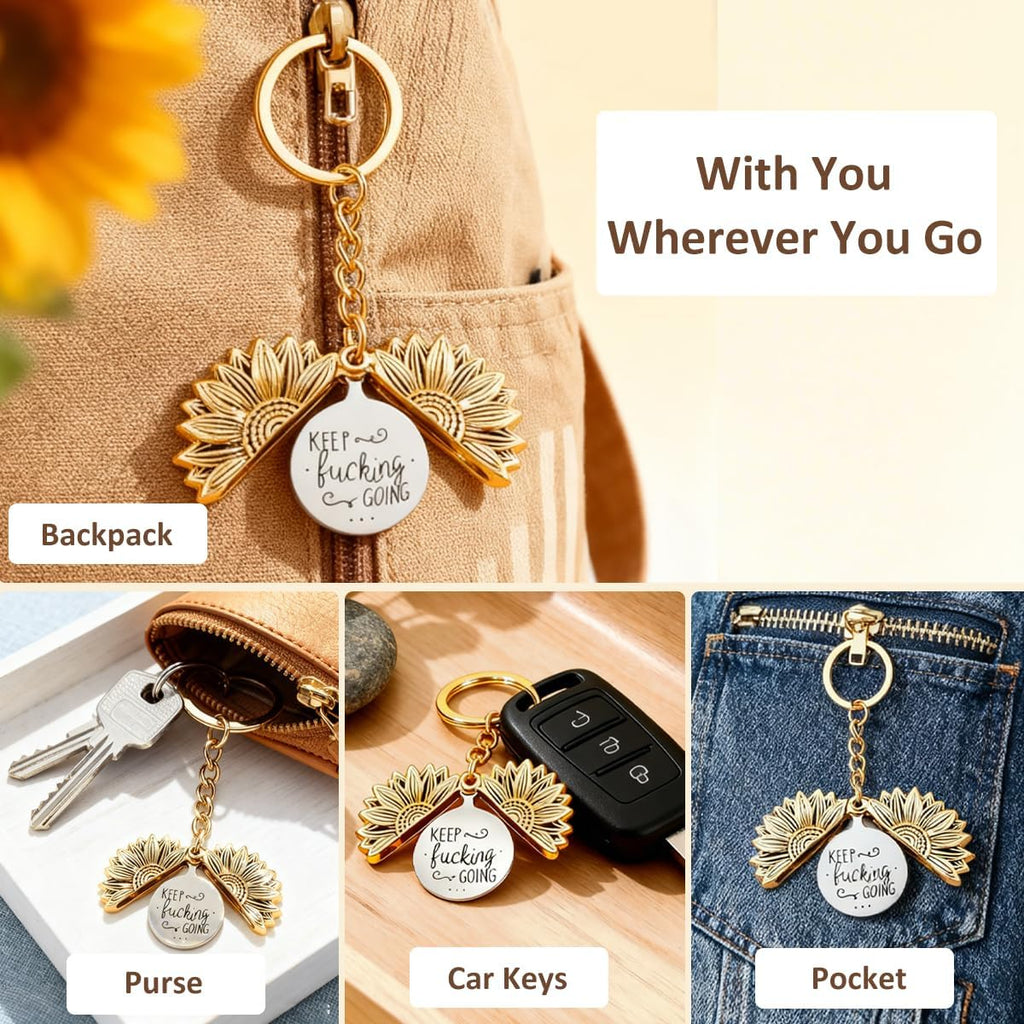 Inspirational Keep Going Sunflower Keychain, Encouragement Motivational Gift for Women Men Friends Family Coworkers