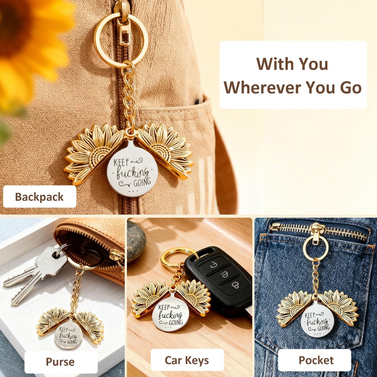 Inspirational Keep Going Sunflower Keychain, Encouragement Motivational Gift for Women Men Friends Family Coworkers