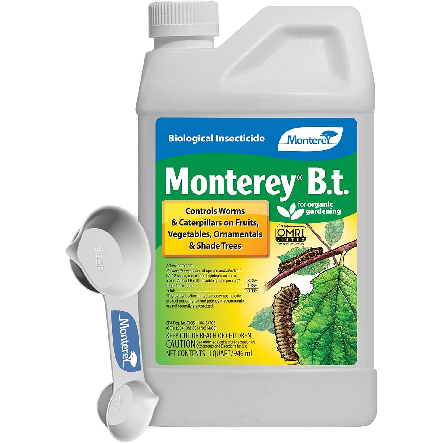 Monterey B.T. Bundled With Measuring Spoon - Caterpillar & Worm Killer Organic Gardening - Apply With Sprayer - 32 Oz