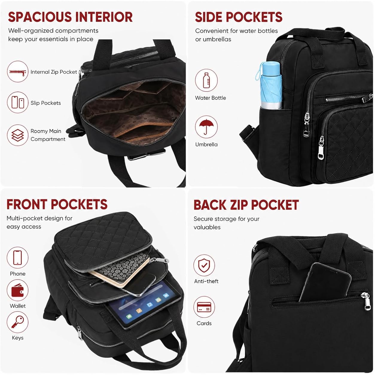 Small Backpack For Women Casual Quilted Square Bag Waterproof Multi Pockets Daypack Lightweight Top Handle Satchel