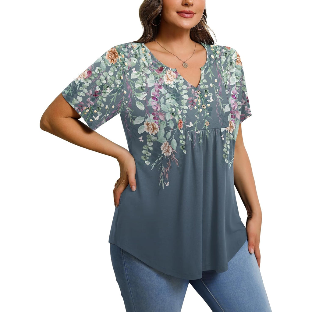 IN'VOLAND Womens Plus Size Tunic Top Summer Short Sleeve T-Shirt V-neck Button Up Dressy Blouse Casual Pleated Pullover 1X-5X