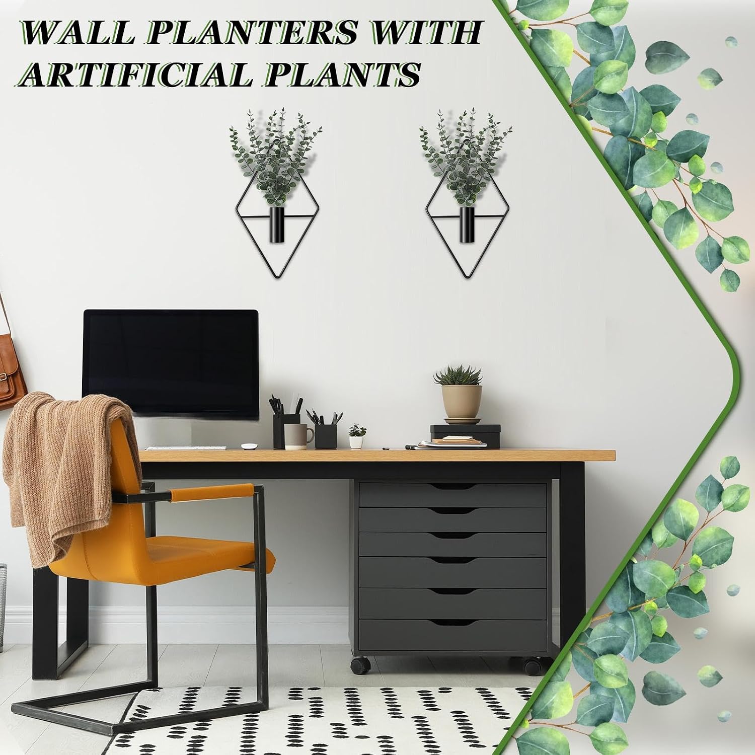 Jexine 4 Pcs Hanging Planters With Artificial Eucalyptus Metal Hanging Vase Indoor Plants Holder Modern Geometric Boho Bathroom Wall Decor For Living Room Home Office(Black)