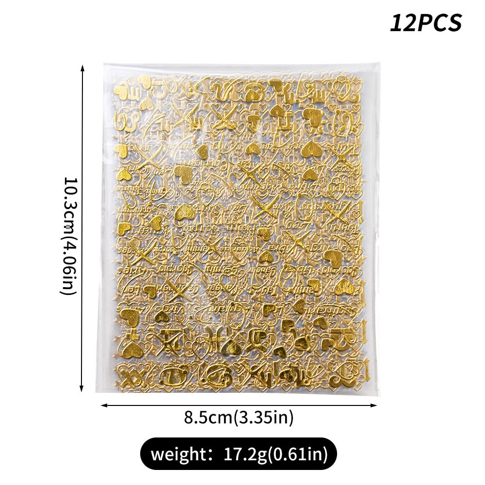 12 Sheets Gold Star Nail Art Stickers 3D Self Adhesive Flower Heart Letter Number Nail Decals Gold Metal Star Nail Art Supplies Manicure Decorations for Women Acrylic Nails DIY Accessories