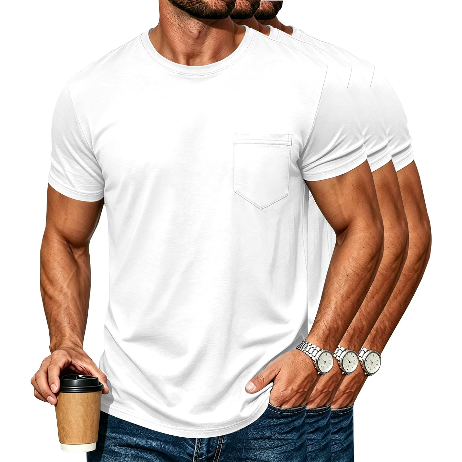 3 Pack Mens Cotton T Shirts Short Sleeve Crewneck Shirts For Men Pocket Tshirts Casual Lightweight Summer Basic Tees
