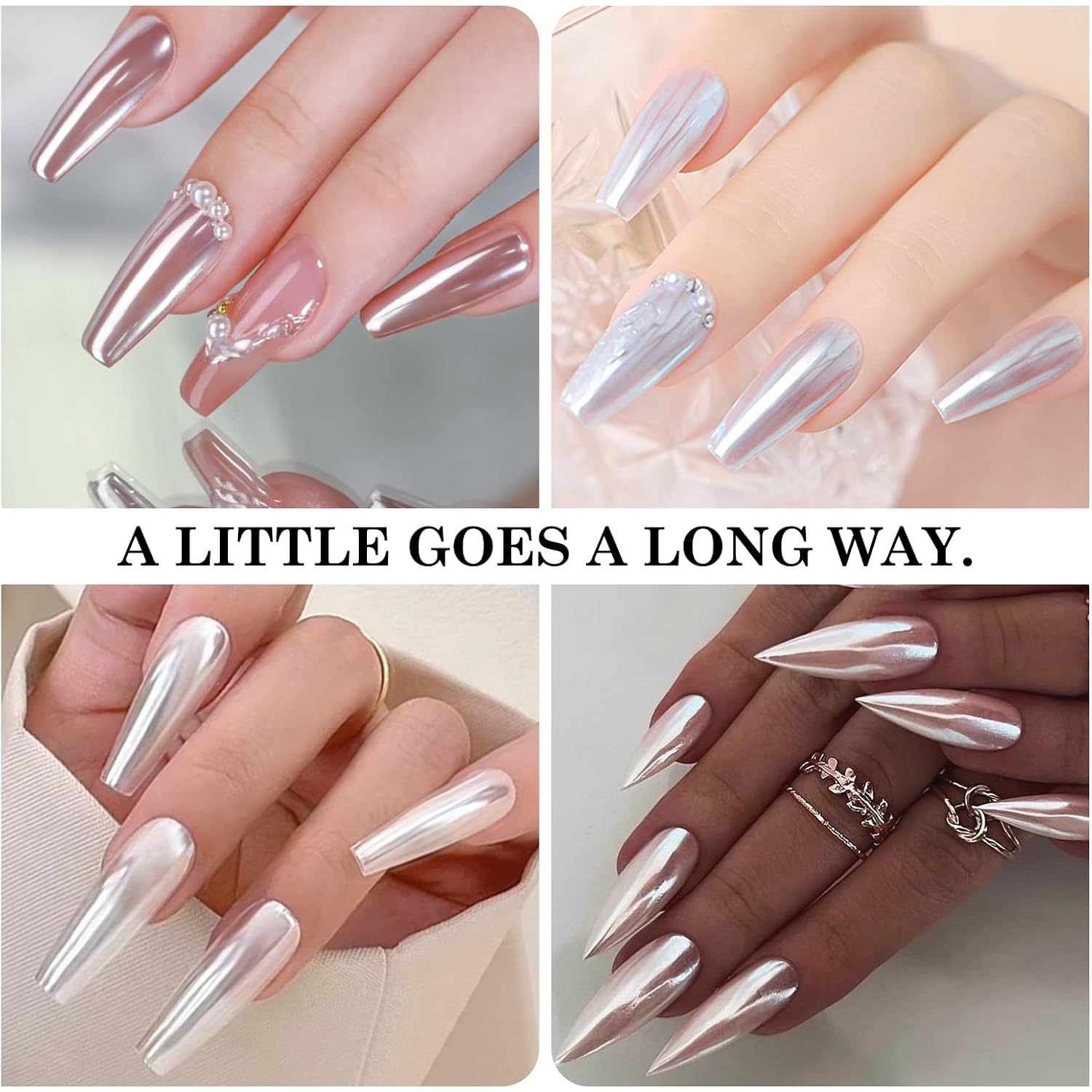 2Pcs White Pearl Chrome Nail Powder Super Glossy Metallic Mirror Effect, White Moonlight Unicorn Chrome Powder for Nails, Mermaid Glitter Pigment Powders for Gel Nail Polish Design 0.5g/Jar