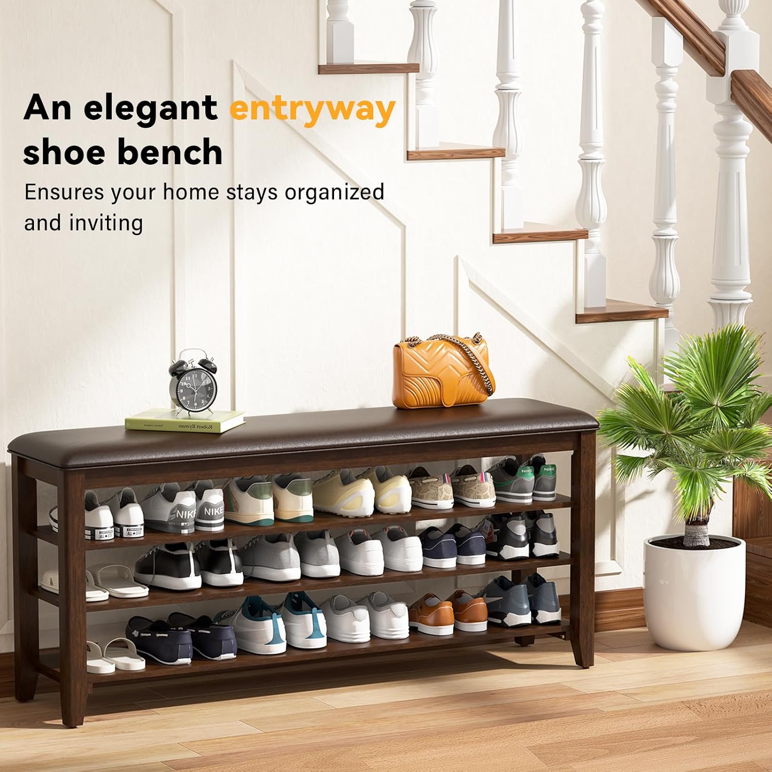 Shoe Rack Bench Entryway Storage With Leather Cushion, Shoe Organizer Bench For Entryway, Ideal For Front Doors Entrances Hallway Mudroom Featuring Rubberwood And 3 Height-Adjustable Removable Shelve