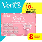 Venus ComfortGlide White Tea Women's Razor Blades, with Built-in Shave Gel Bars, 8 Razor Blade Refills