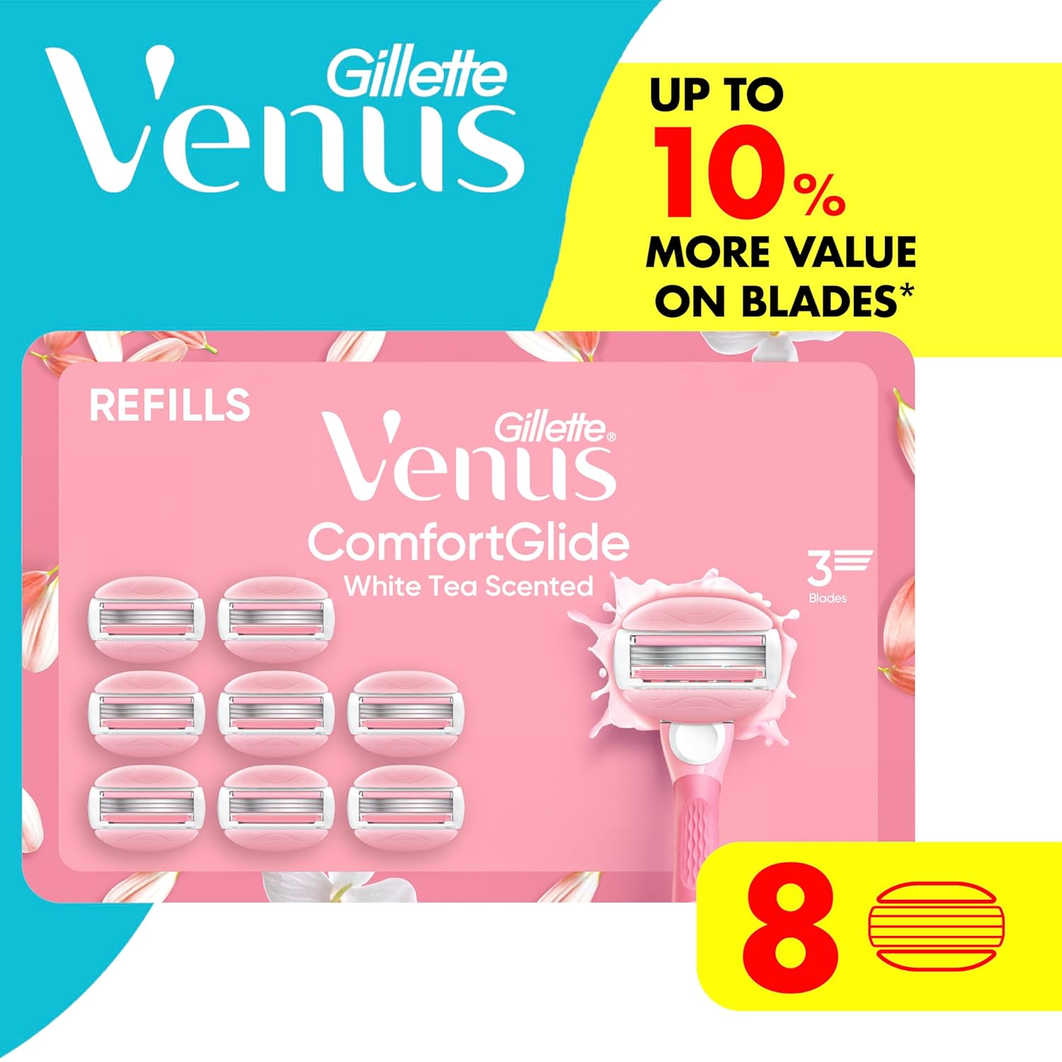 Venus ComfortGlide White Tea Women's Razor Blades, with Built-in Shave Gel Bars, 8 Razor Blade Refills